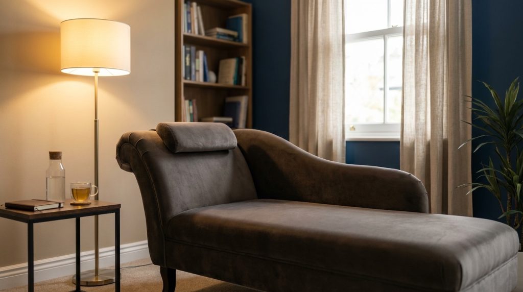 Soggiorno accogliente con lettino, lampada, tavolino e libreria in luce naturale