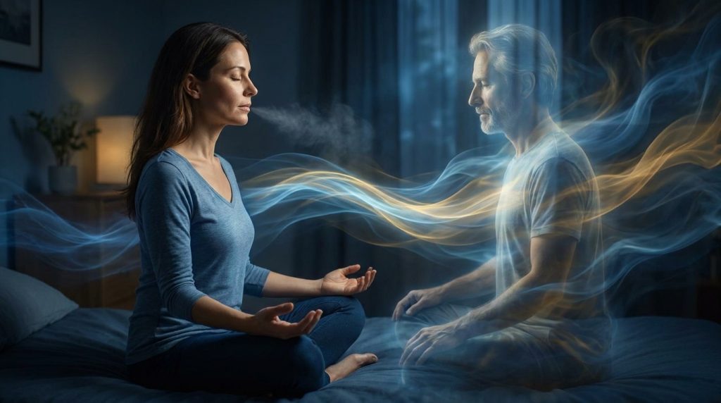 Due persone in meditazione collegate da flussi di energia eterea in una stanza buia