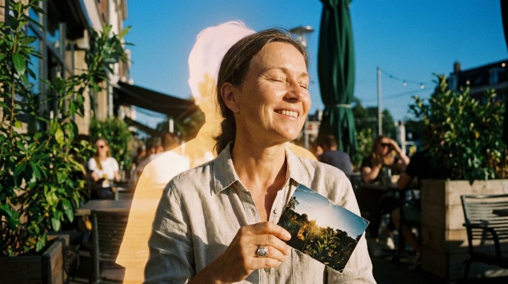 Persona sorridente che mostra una foto in un caffè all'aperto