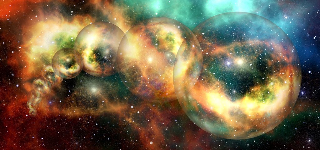 Orbe cosmiche con nebulose e stelle, la coesistenza di onda e particella