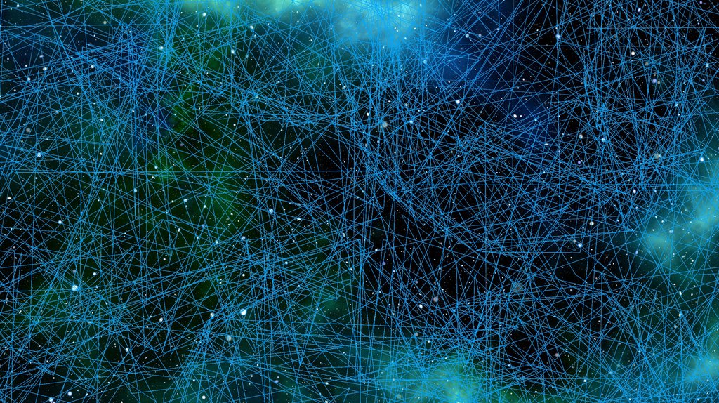 Intreccio cosmico di linee e punti luminosi che evoca l'entanglement quantistico